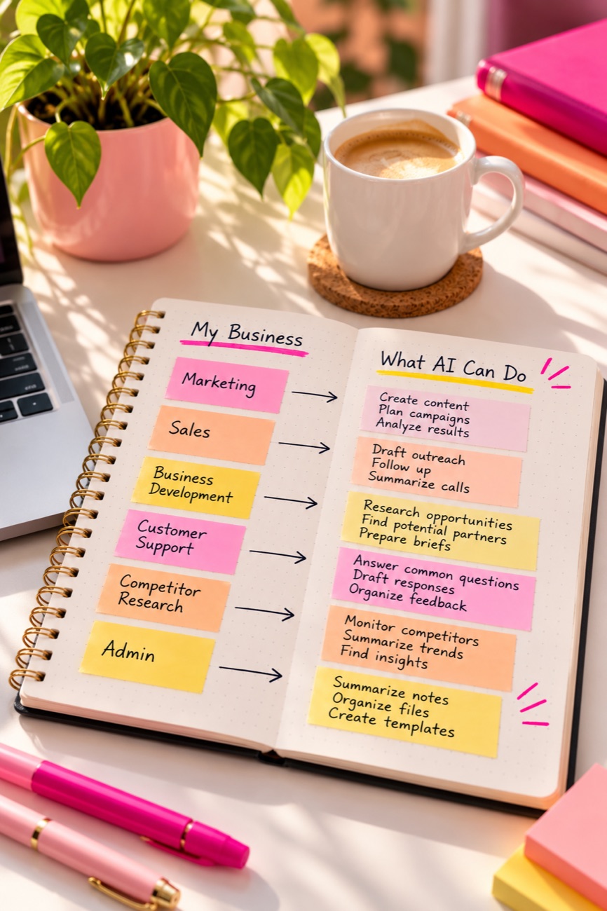 A notebook mapping parts of a business, like marketing, sales and admin, to what AI can do for each