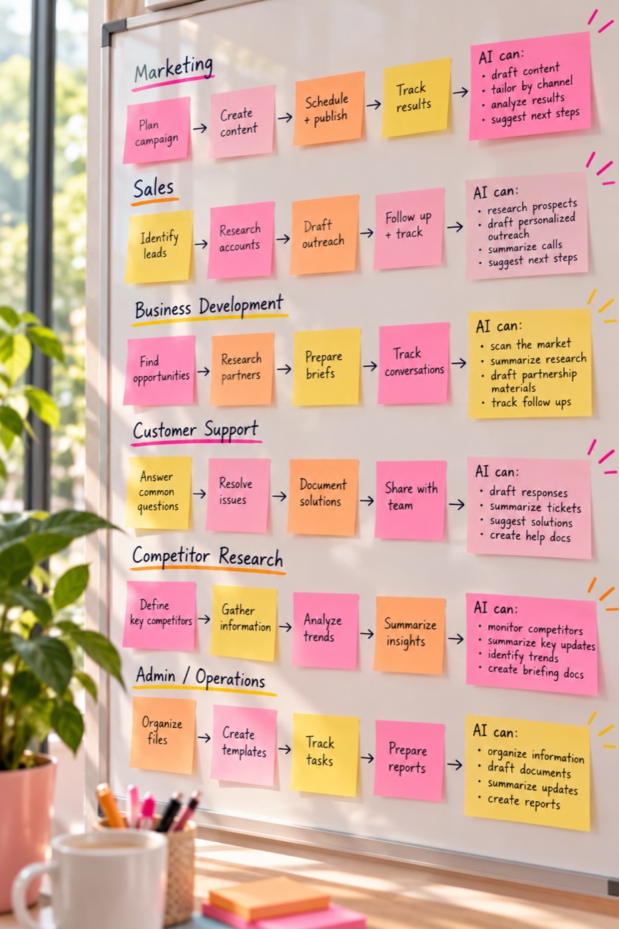 A whiteboard of sticky notes mapping each team's workflow, from marketing to admin, to what AI can do at each step