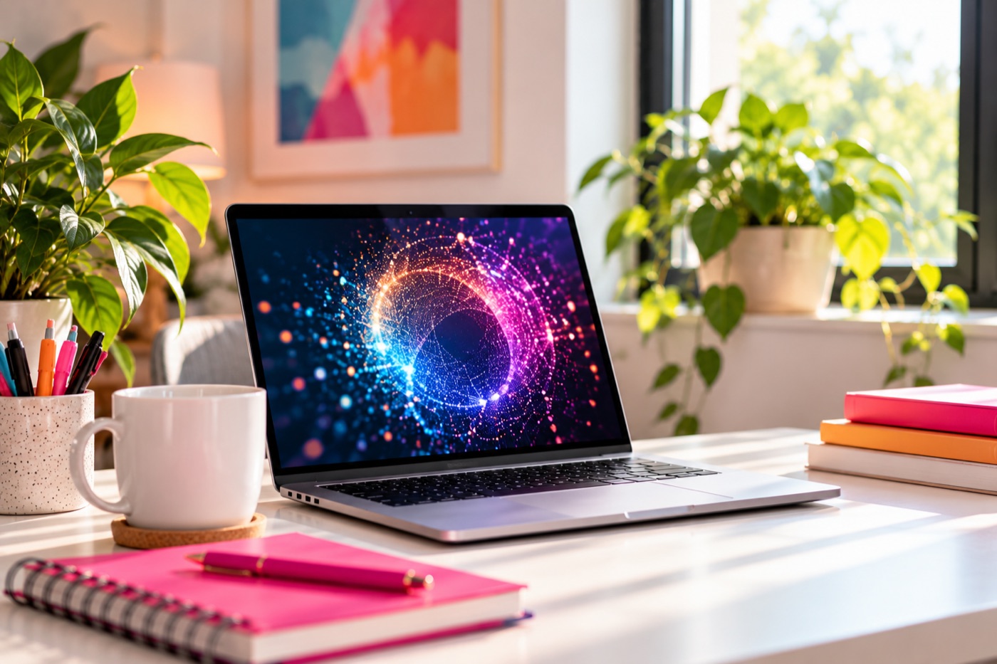 A laptop on a bright desk beside plants, a pink notebook and a coffee mug